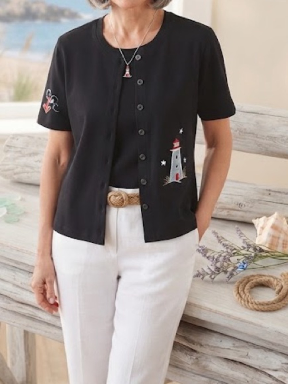BonWorth Black Button-Front Top with Lighthouse & Anchor Embroidery